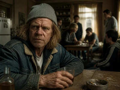 Frank Gallagher porte un bonnet gris et une veste en jean dans une pièce sombre avec sa famille en arrière-plan