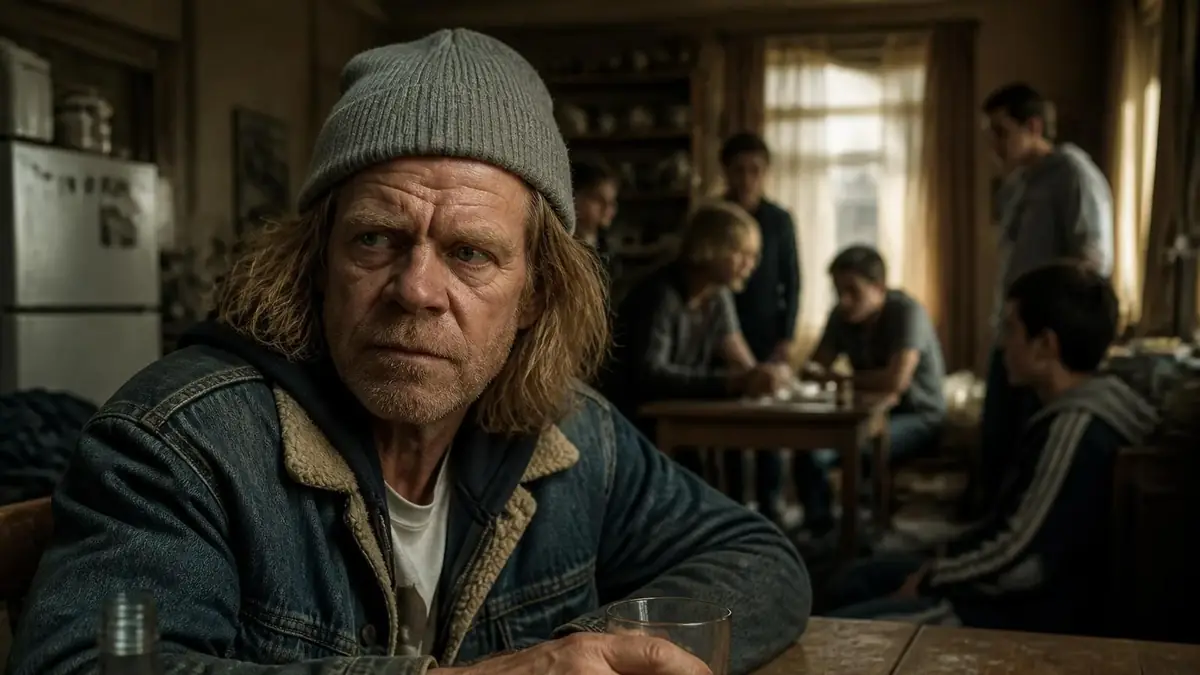 Frank Gallagher porte un bonnet gris et une veste en jean dans une pièce sombre avec sa famille en arrière-plan
