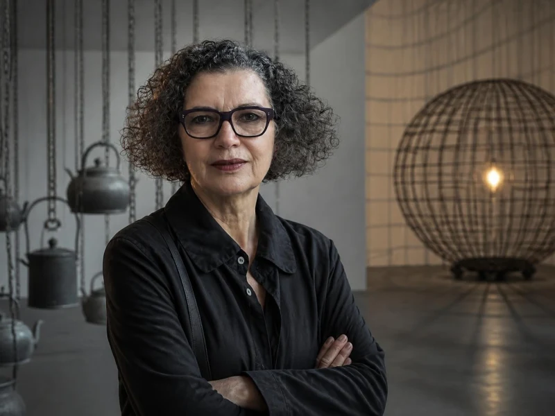 Portrait de l'artiste contemporaine Mona Hatoum posant devant ses installations sculpturales
