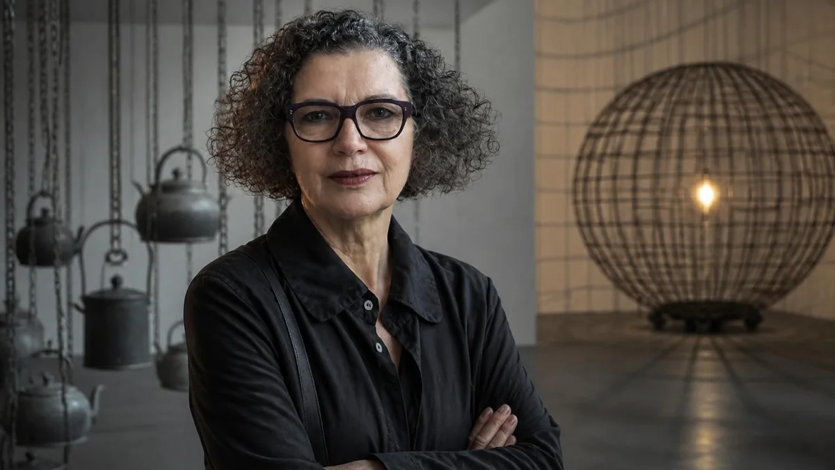 Portrait de l'artiste contemporaine Mona Hatoum posant devant ses installations sculpturales