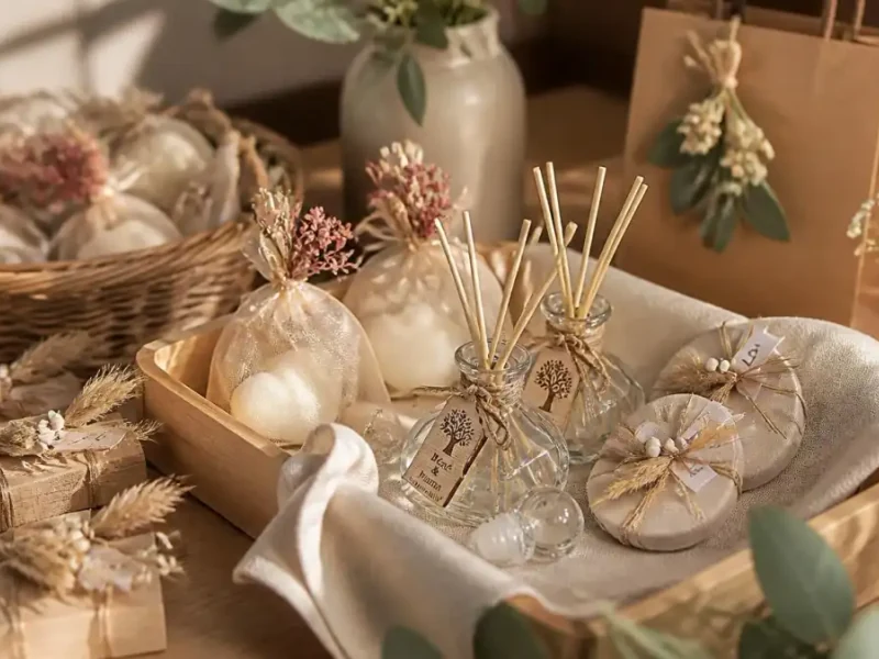 Jolie sélection de diffuseurs de parfum et petits sachets décorés en guise de cadeau pour invité lors d'un événement