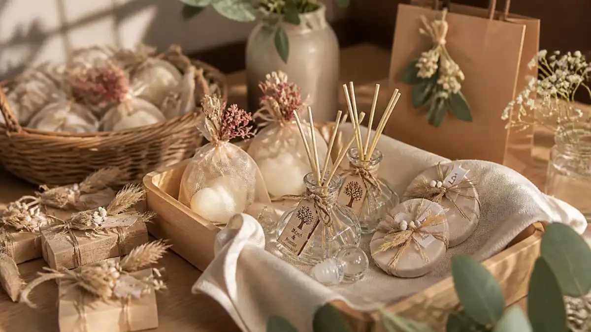 Jolie sélection de diffuseurs de parfum et petits sachets décorés en guise de cadeau pour invité lors d'un événement