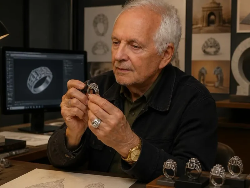 Philippe Tournaire examine attentivement une bague architecturale dans son atelier de joaillerie