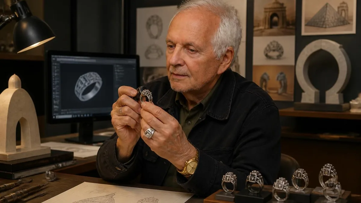 Philippe Tournaire examine attentivement une bague architecturale dans son atelier de joaillerie