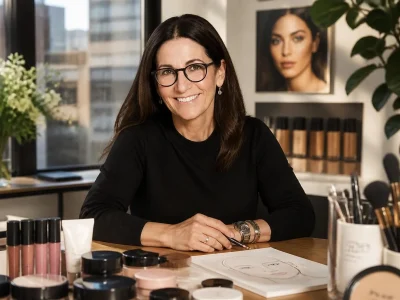 La célèbre maquilleuse Bobbi Brown souriante à son bureau entourée de produits de beauté et de croquis de visages