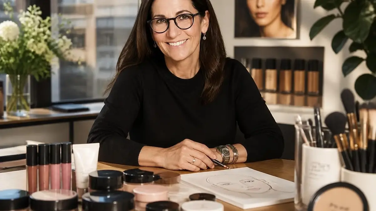 La célèbre maquilleuse Bobbi Brown souriante à son bureau entourée de produits de beauté et de croquis de visages