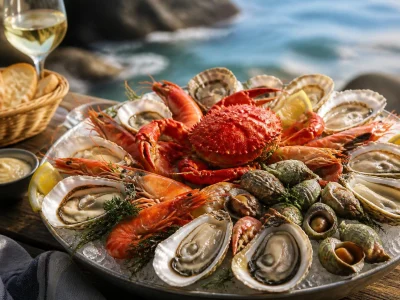 Un somptueux plateau de fruit de mer avec crustacés et coquillages frais servi au bord de l'eau