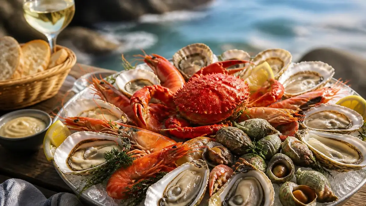 Un somptueux plateau de fruit de mer avec crustacés et coquillages frais servi au bord de l'eau