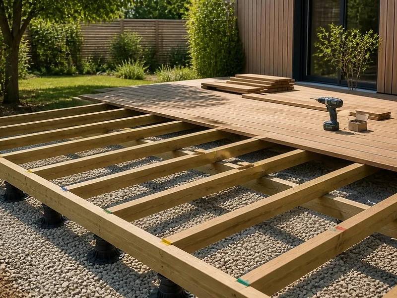 Installation d'une structure de terrasse avec un platelage en bois en cours de pose sur des plots réglables