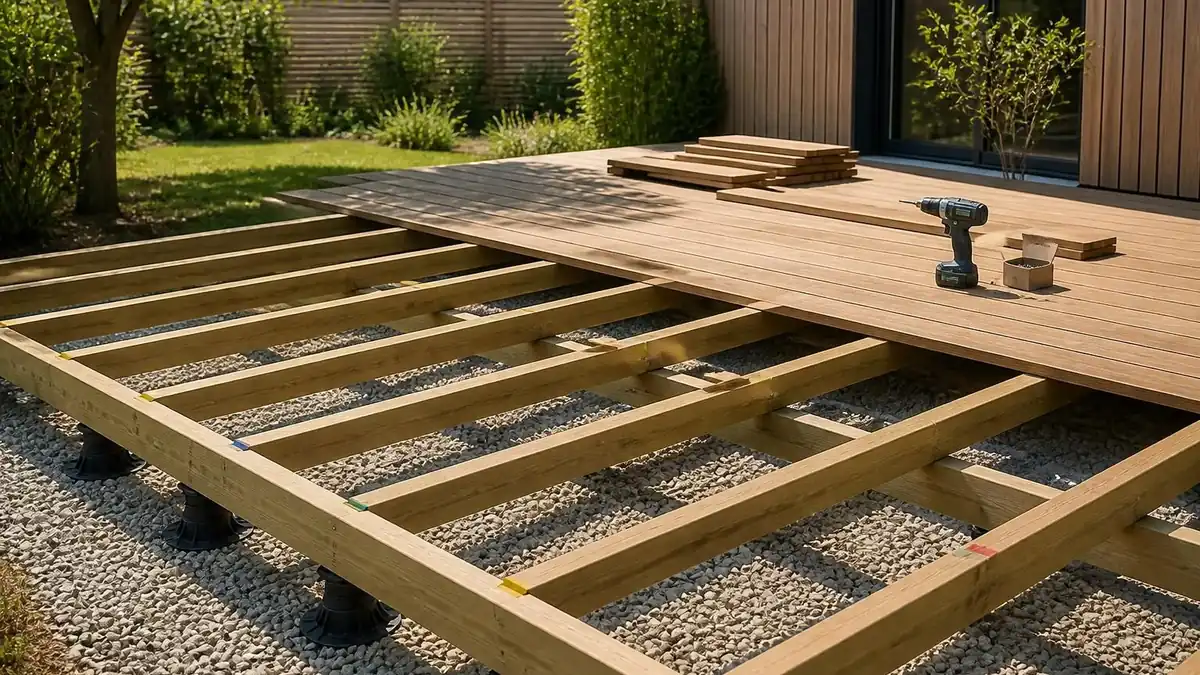 Installation d'une structure de terrasse avec un platelage en bois en cours de pose sur des plots réglables