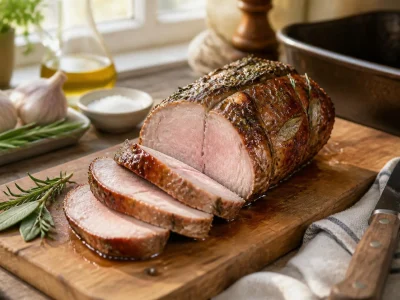 Un délicieux rôti de veau au four tranché sur une planche en bois avec des herbes aromatiques et de l'ail