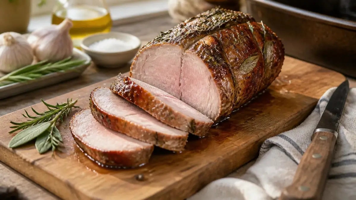 Un délicieux rôti de veau au four tranché sur une planche en bois avec des herbes aromatiques et de l'ail
