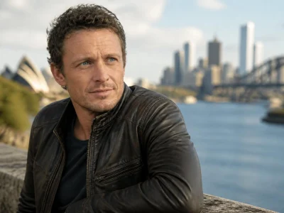 L'acteur David Lyons pose avec le port de Sydney en arrière-plan