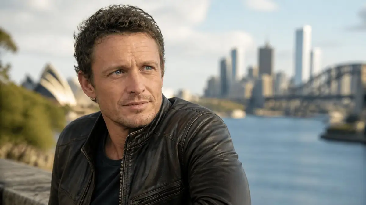 L'acteur David Lyons pose avec le port de Sydney en arrière-plan