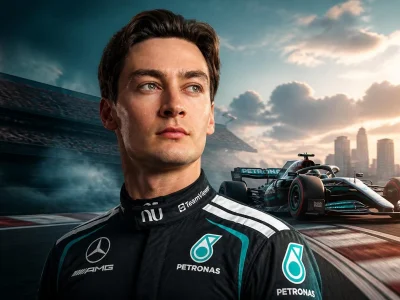Portrait du pilote George Russell portant sa combinaison officielle sur un circuit de Formule 1