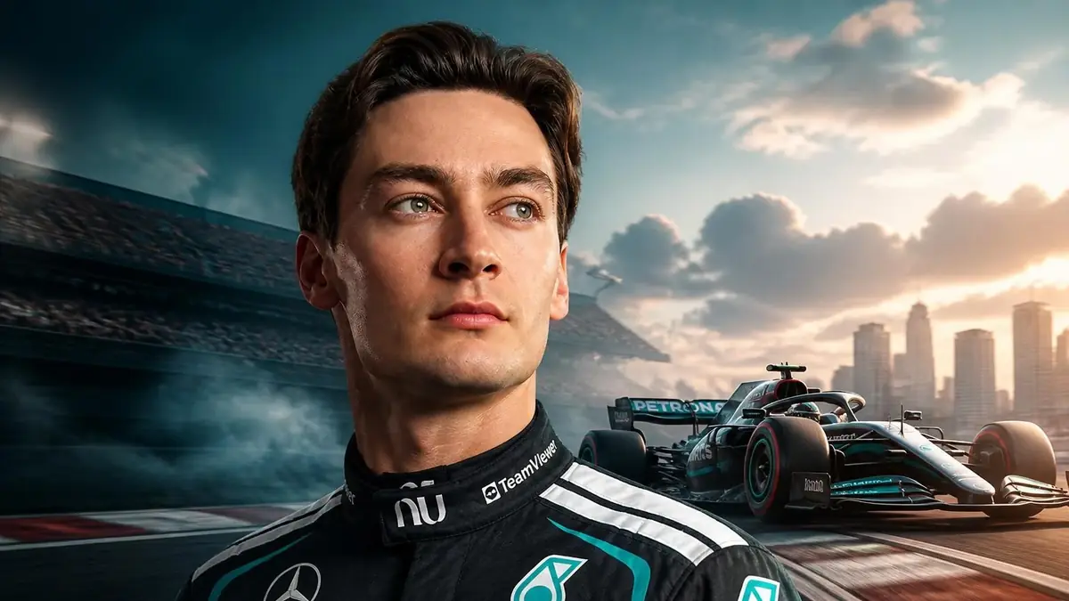 Portrait du pilote George Russell portant sa combinaison officielle sur un circuit de Formule 1