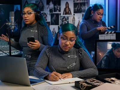 Une jeune femme aux cheveux bleus travaillant dans un studio, évoquant le style créatif de North West