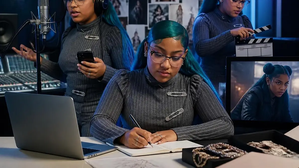 Une jeune femme aux cheveux bleus travaillant dans un studio, évoquant le style créatif de North West
