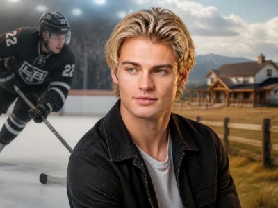 Portrait de l'acteur Noah Lalonde devant une maison de campagne avec un joueur de hockey en arrière-plan