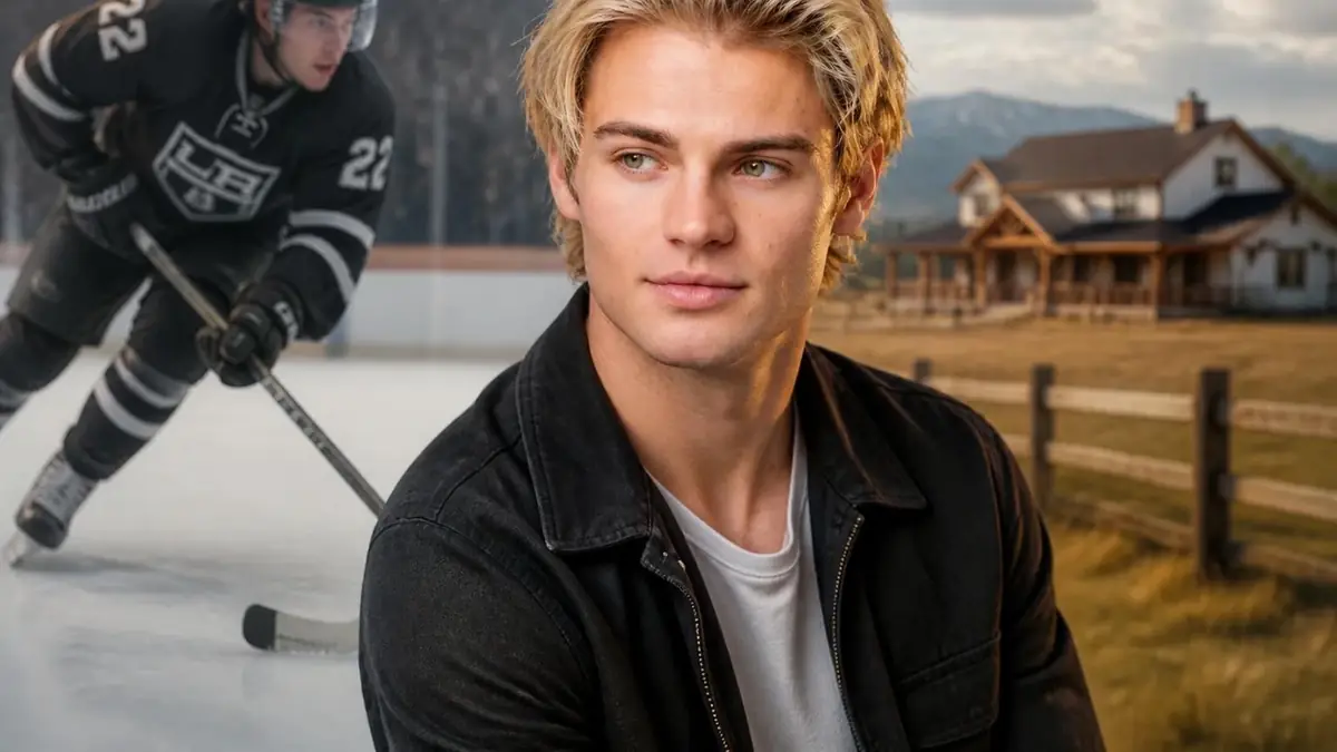 Portrait de l'acteur Noah Lalonde devant une maison de campagne avec un joueur de hockey en arrière-plan