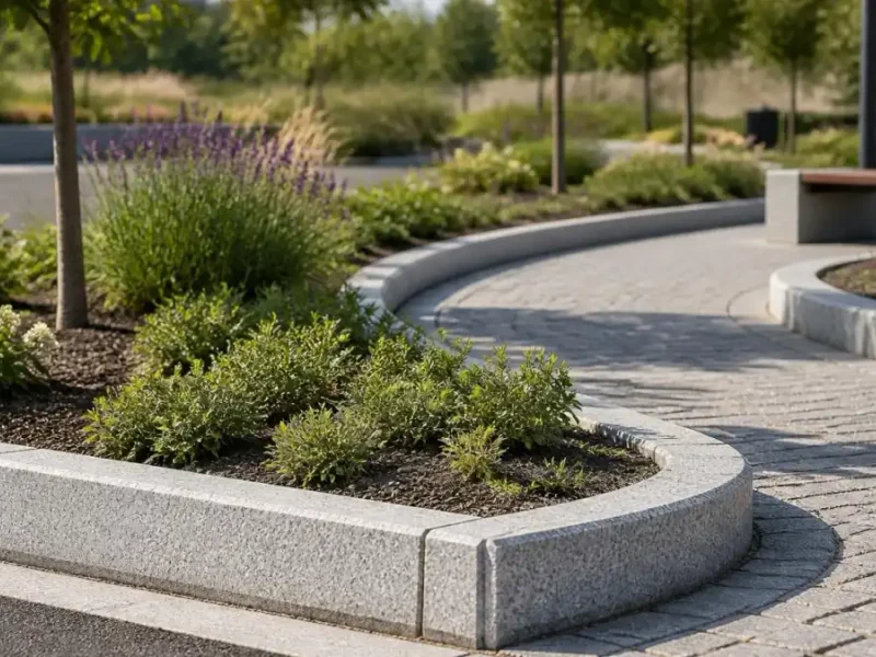 Allée de jardin paysagée délimitée par une élégante bordure en granit courbe et moderne