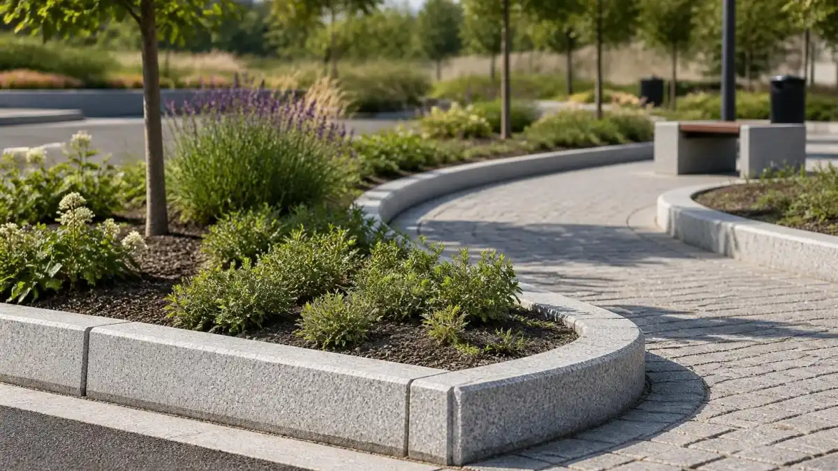 Allée de jardin paysagée délimitée par une élégante bordure en granit courbe et moderne
