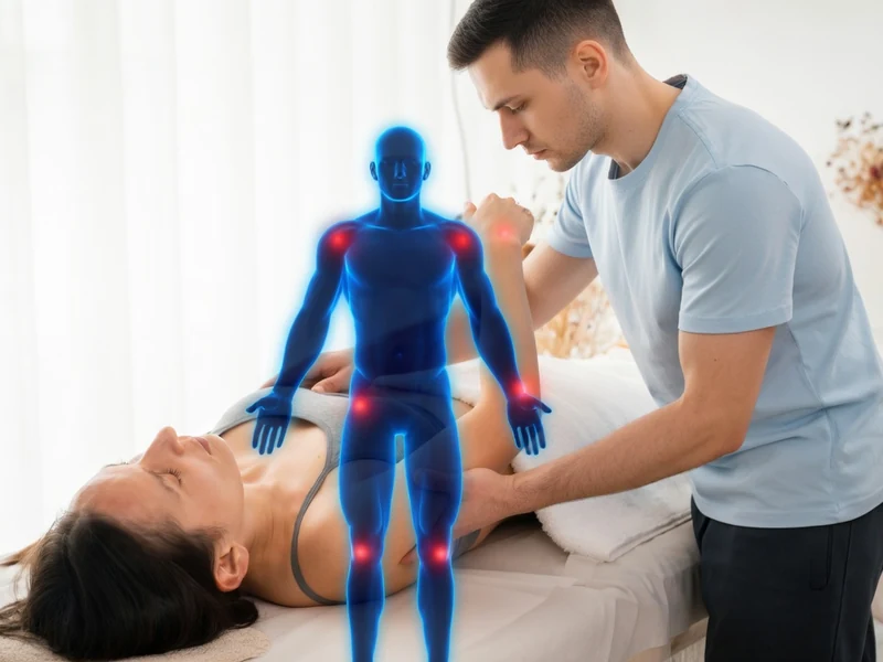 Un thérapeute pratique une séance d'atrapuncture sur une patiente allongée avec un hologramme corporel en surimpression