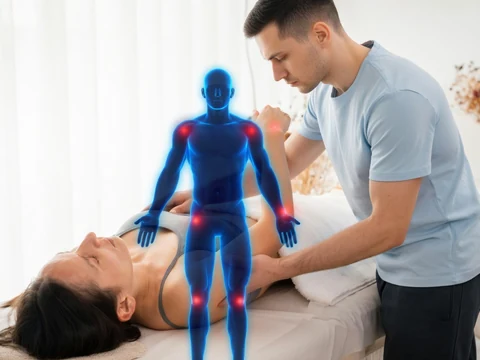 Un thérapeute pratique une séance d'atrapuncture sur une patiente allongée avec un hologramme corporel en surimpression
