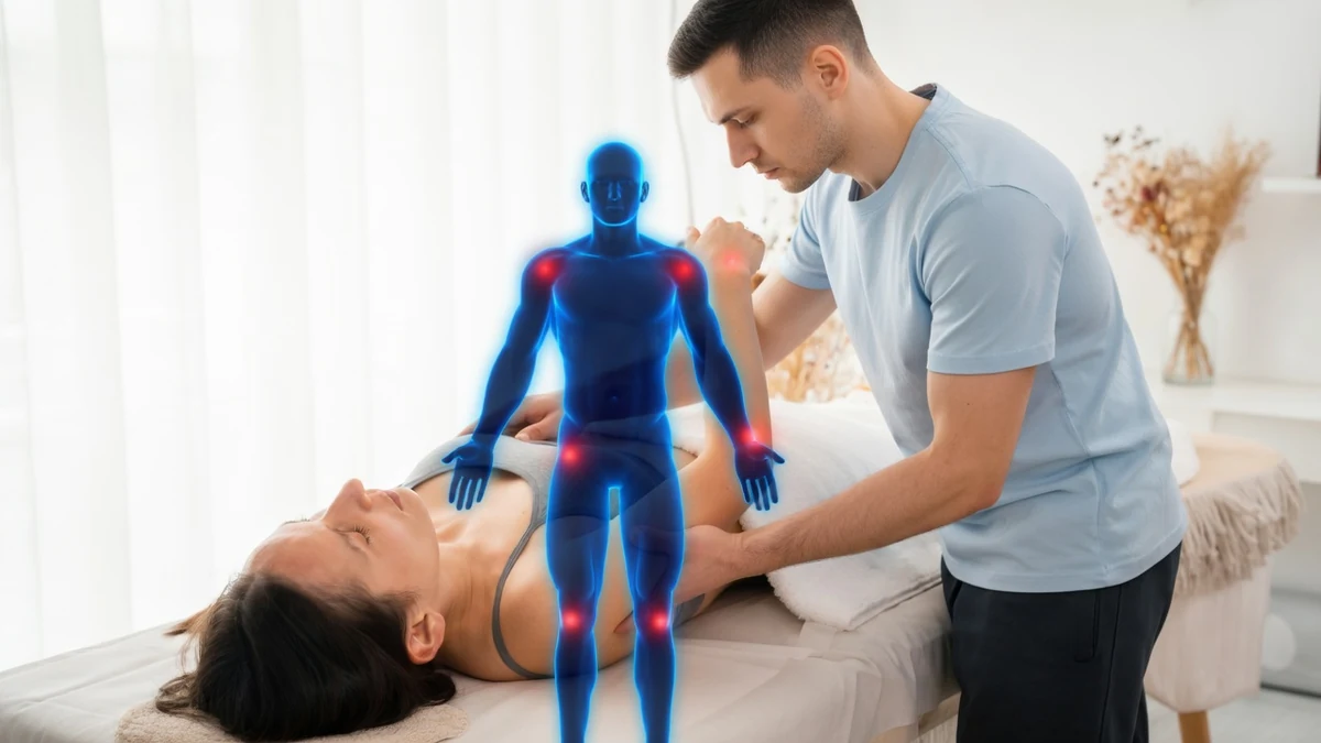 Un thérapeute pratique une séance d'atrapuncture sur une patiente allongée avec un hologramme corporel en surimpression