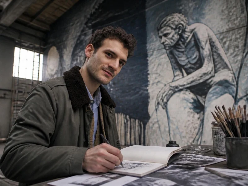 L'artiste bonom dessine dans son atelier devant une de ses grandes fresques murales représentant une figure humaine