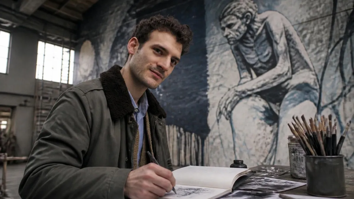 L'artiste bonom dessine dans son atelier devant une de ses grandes fresques murales représentant une figure humaine