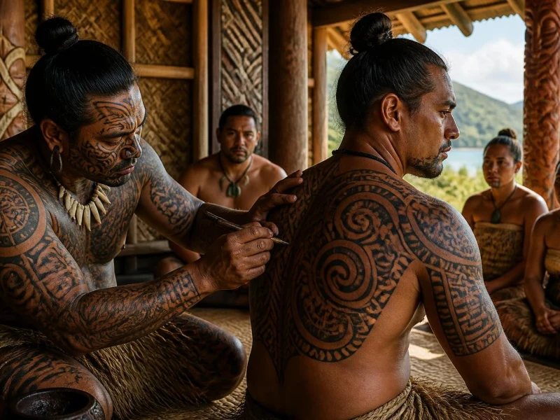 Un homme réalise un tatouage Maori et signification sur le dos d'un autre dans une maison traditionnelle en bois