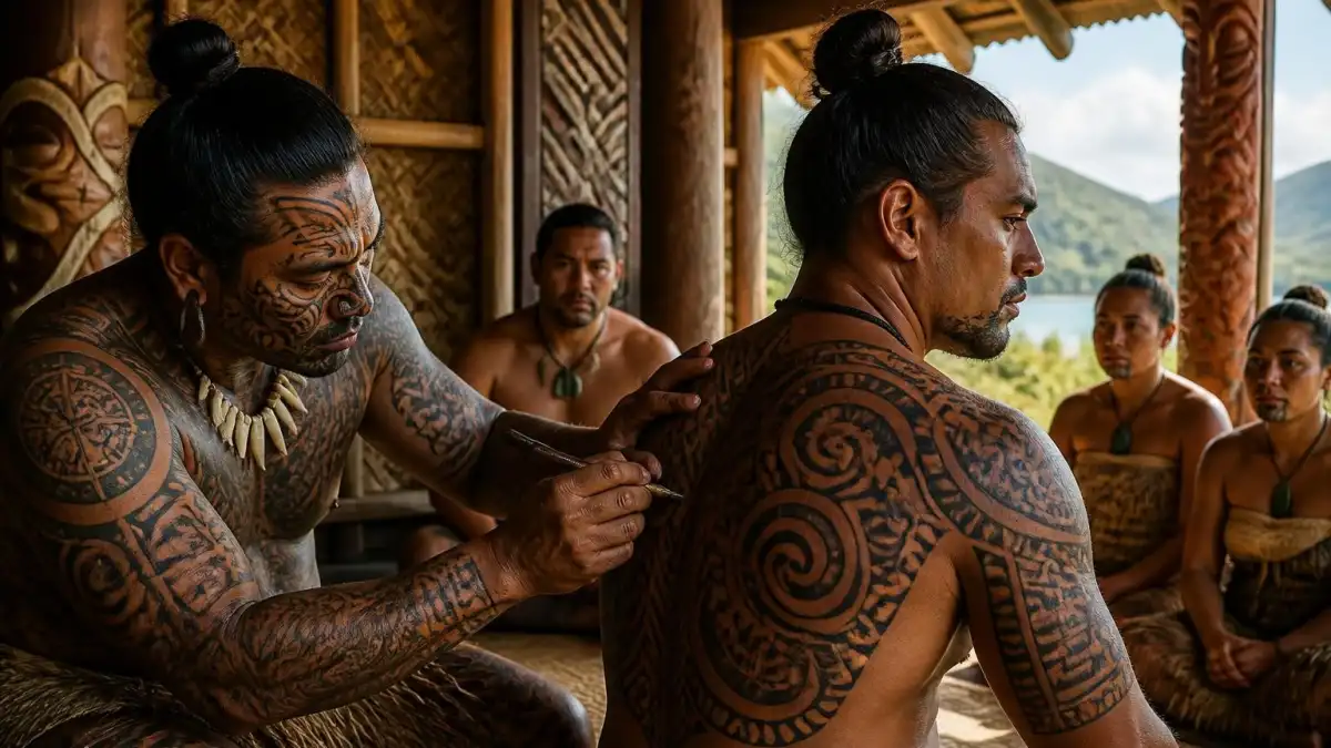 Un homme réalise un tatouage Maori et signification sur le dos d'un autre dans une maison traditionnelle en bois