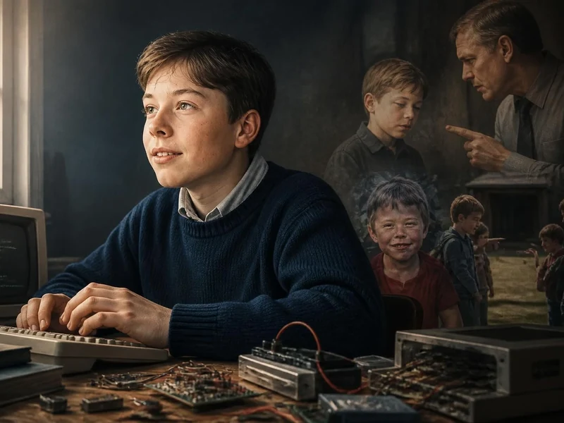 Une illustration artistique évoquant la période de Elon Musk enfance avec un jeune garçon devant un ordinateur ancien