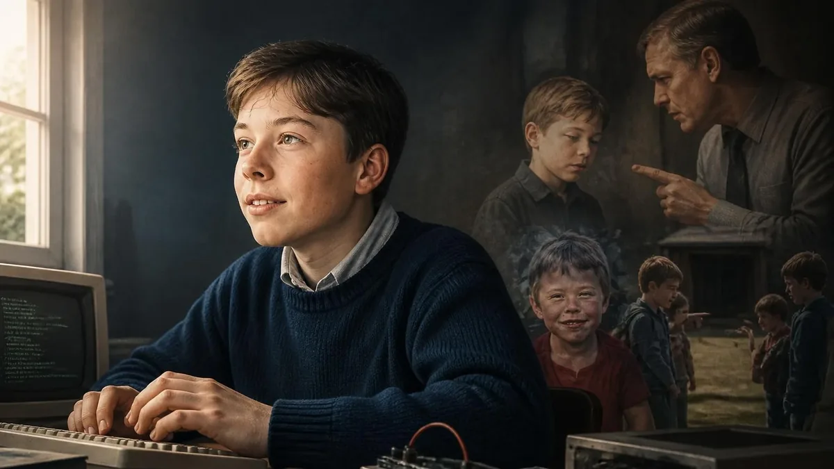 Une illustration artistique évoquant la période de Elon Musk enfance avec un jeune garçon devant un ordinateur ancien