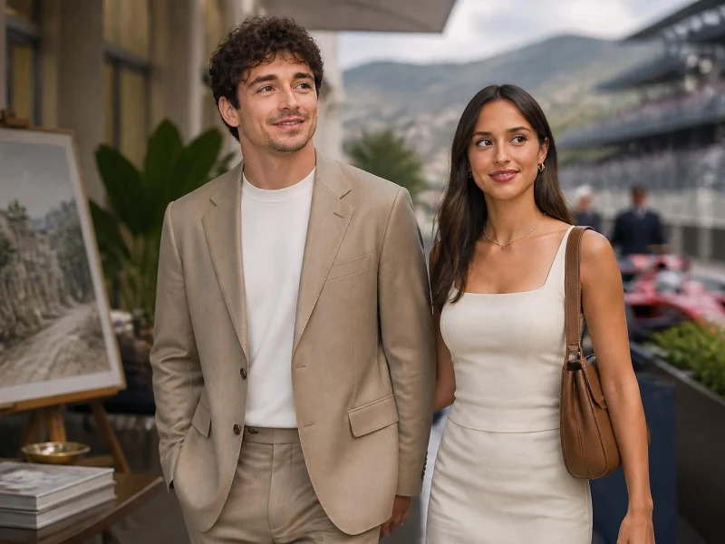 Charles Leclerc et Alexandra Saint Mleux souriants lors d'un événement en extérieur
