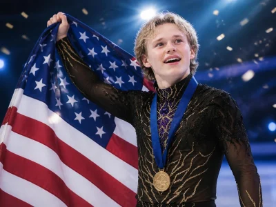 Ilia Malinin célèbre sa victoire en portant une médaille d'or et le drapeau américain sur la glace
