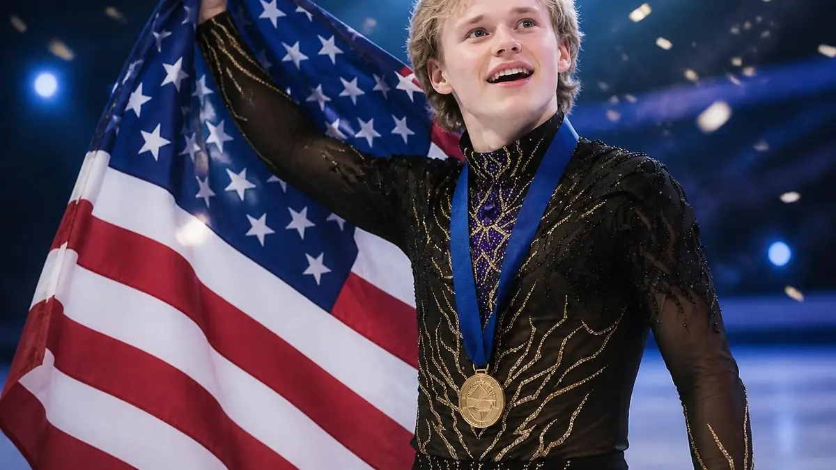 Ilia Malinin célèbre sa victoire en portant une médaille d'or et le drapeau américain sur la glace