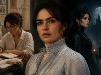 Zoe Sidel apparaît dans une composition mêlant son travail créatif et une atmosphère gothique sombre