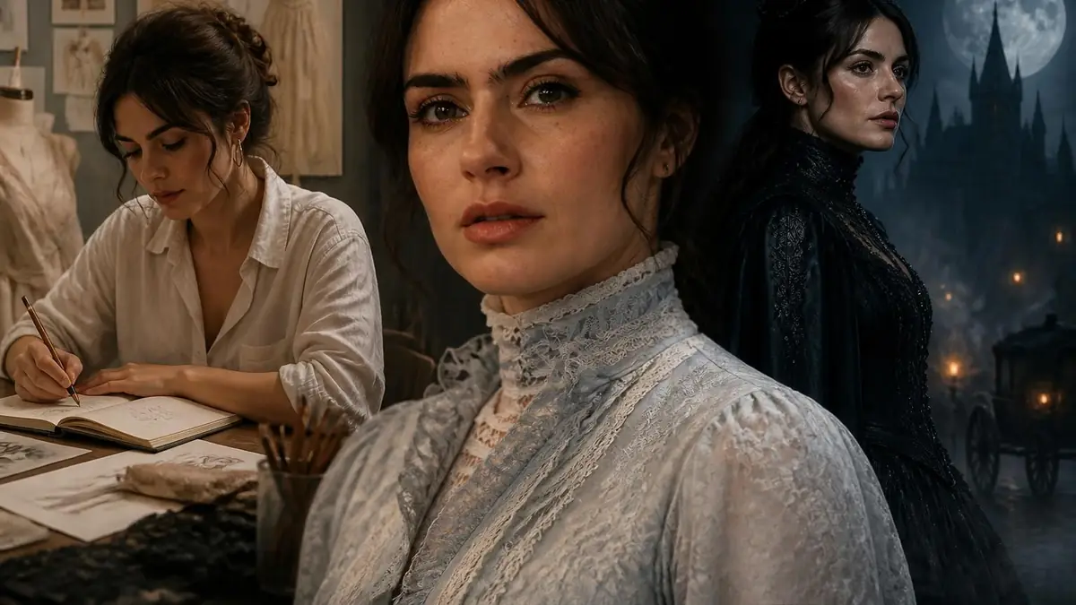 Zoe Sidel apparaît dans une composition mêlant son travail créatif et une atmosphère gothique sombre