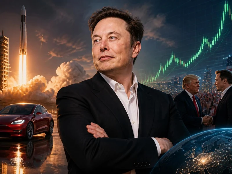Portrait d'Elon Musk sur fond de fusée et de courbe boursière illustrant l'évolution de la fortune Elon Musk