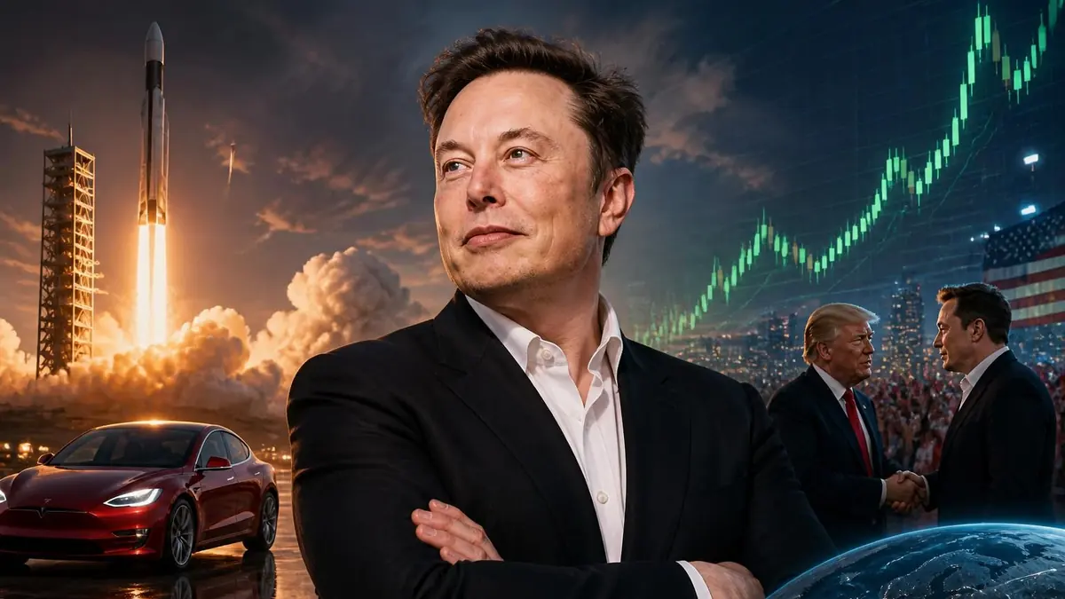 Portrait d'Elon Musk sur fond de fusée et de courbe boursière illustrant l'évolution de la fortune Elon Musk