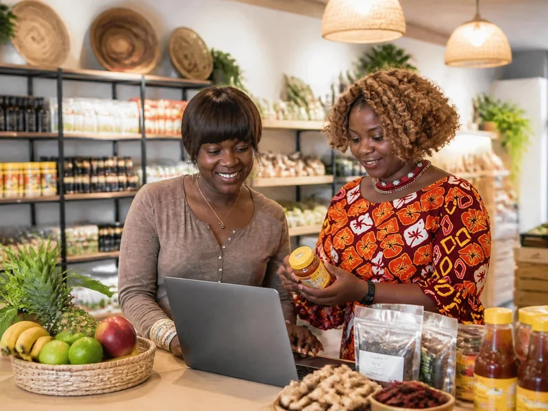 Deux femmes souriantes travaillent sur un ordinateur au sein d'une épicerie africaine moderne et bien achalandée