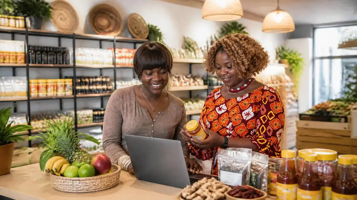 Deux femmes souriantes travaillent sur un ordinateur au sein d'une épicerie africaine moderne et bien achalandée
