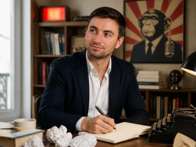 Lucas Fournier assis à son bureau en train d'écrire dans un carnet avec des feuilles froissées à proximité
