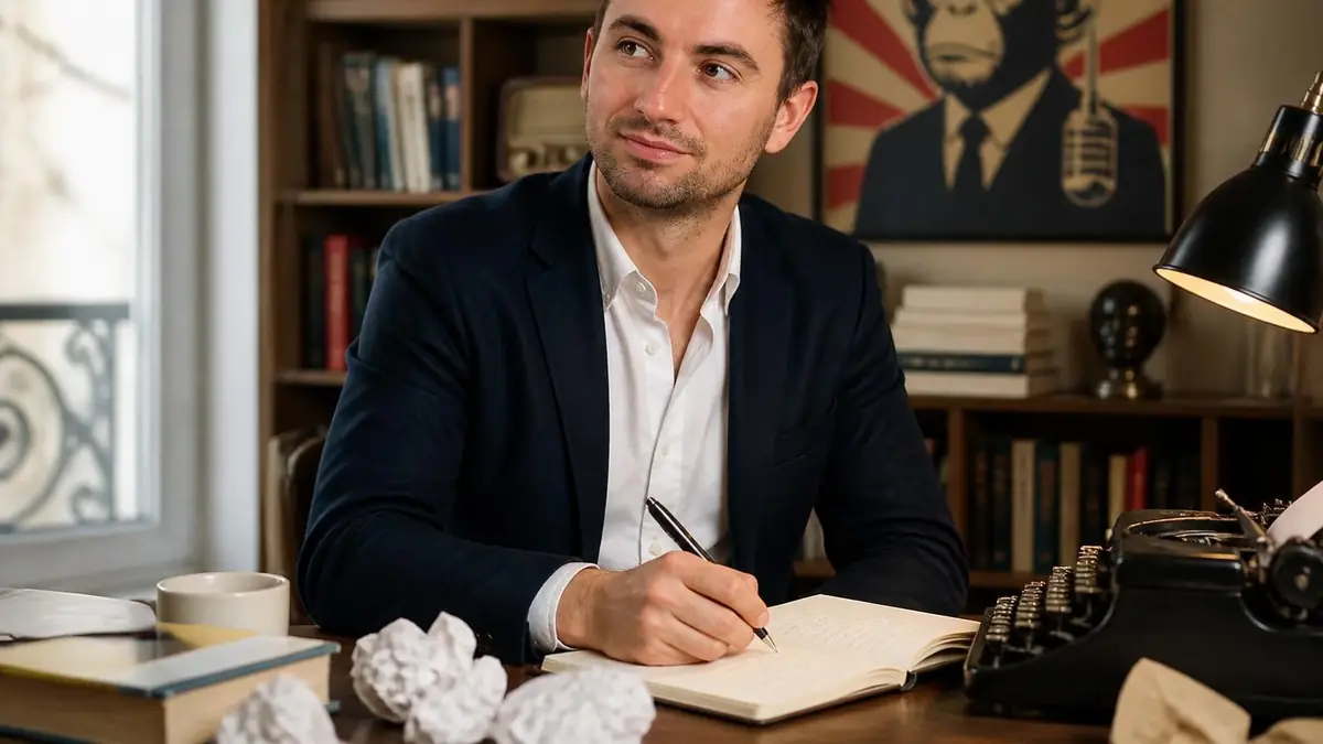 Lucas Fournier assis à son bureau en train d'écrire dans un carnet avec des feuilles froissées à proximité
