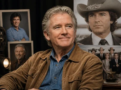 Portrait actuel de Patrick Duffy posant devant des images de sa carrière d'acteur