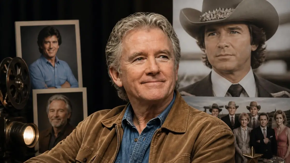 Portrait actuel de Patrick Duffy posant devant des images de sa carrière d'acteur