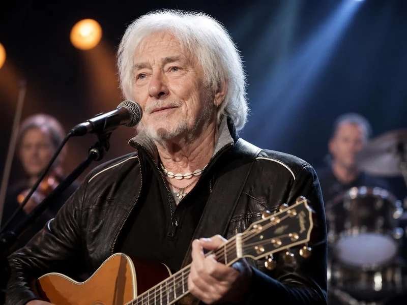 Hugues Aufray âge mis en lumière sur scène avec sa guitare sous les projecteurs
