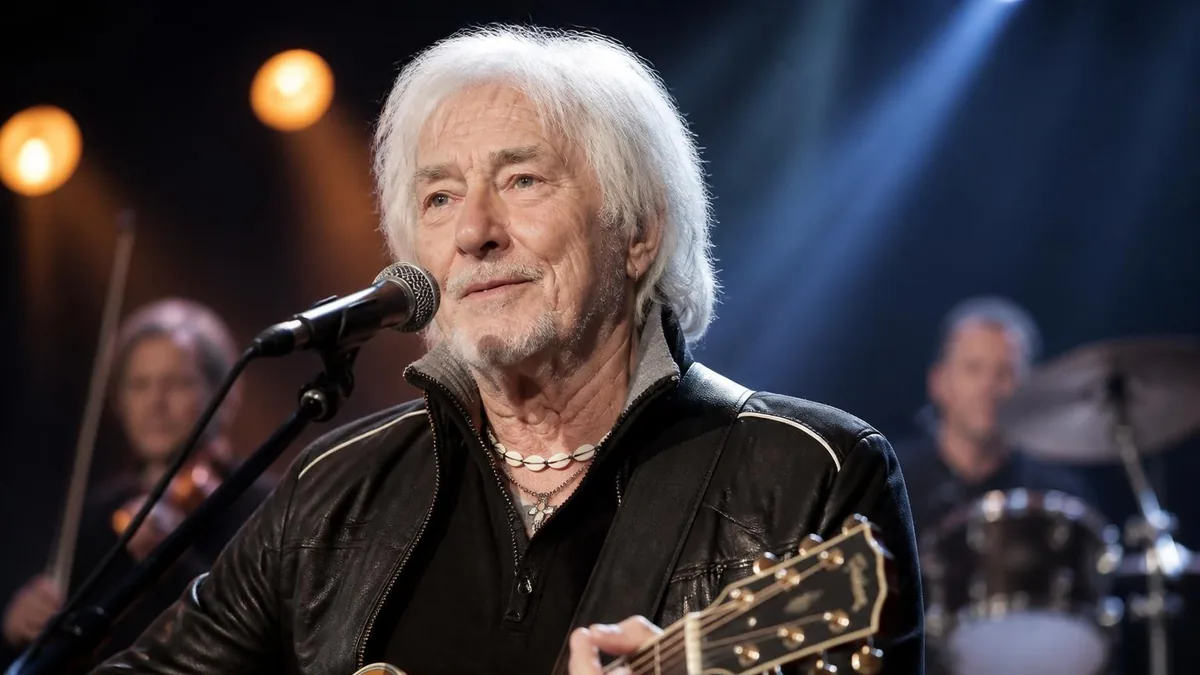 Hugues Aufray âge mis en lumière sur scène avec sa guitare sous les projecteurs